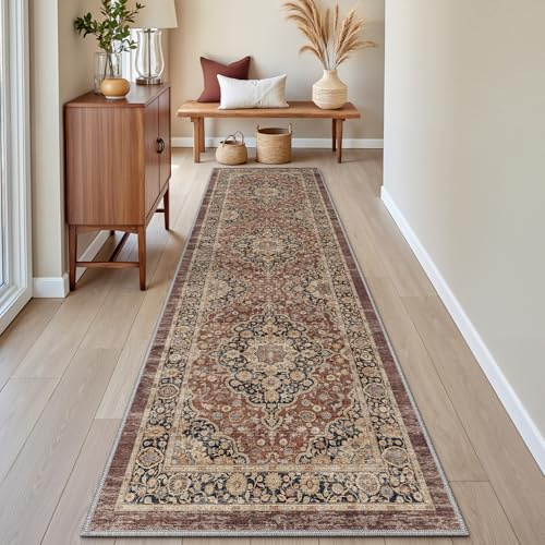 DEXI Läufer Flur Teppich 60 x 240 cm, Küchenläufer Lange waschbar rutschfest, Schmutz & Wasser Aufnehmen Dünne Vintage Teppichläufer für Hauseingänge, Küche, Waschküche, Rostrot