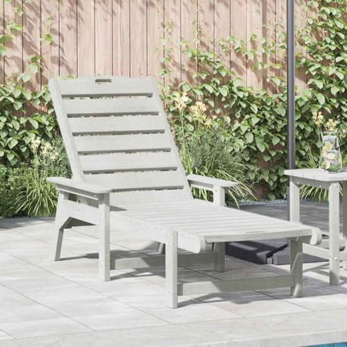 Runheo Solstol vit 195,5 x 53 x 98,5 cm, HDPE-trädgårdsstol med justerbart ryggstöd, väderbeständig, för terrass, balkong, pool, bekväm relaxstol
