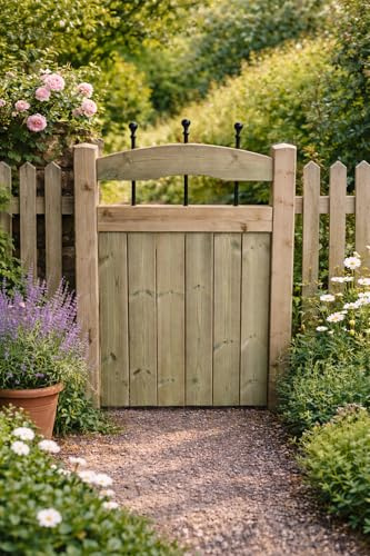 Wooden Garden Gate with Metal Balls Curved Top – Pressure Treated Outdoor Fence Gate with Metal Spindles (90cm High x 75cm Wide x 5cm Deep)