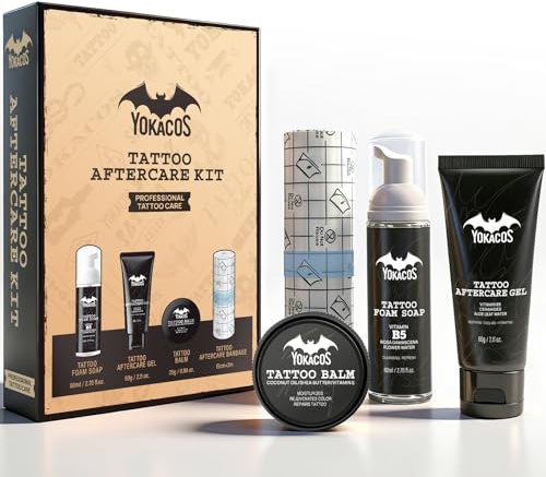 YOKACOS 4-teilig Professionelle Tattoo Nachsorge Set Tattoo Aftercare | Natürliche & Sanfte mit Tattoo Creme,Reinigungsschaum,Gel & Bandage Für Frisches & Altes Tattoo Fördert Heilung & Farberhalt
