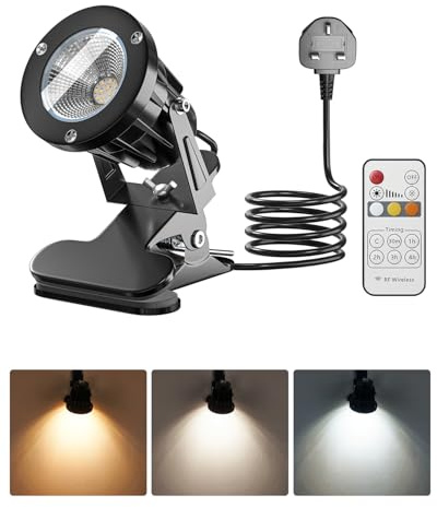 TobeBright 3CCT LED Klemmspot mit Fernbedienung, IP65 Wasserdicht Außen- Innen-Klemmleuchte Strahler Pflanzen-Uplight, 3000K–4500K–6000K & 10 Helligkeitsstufen, 7W, 1,76m Kabel mit Stecker