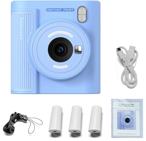Appareil Photo Instantané Enfant, Caméra Numérique 1080P avec Imprimante Thermique Sans Encre, Écran 2 IPS, Carte 32 Go - Cadeau Créatif pour Garçons et Filles (Bleue)