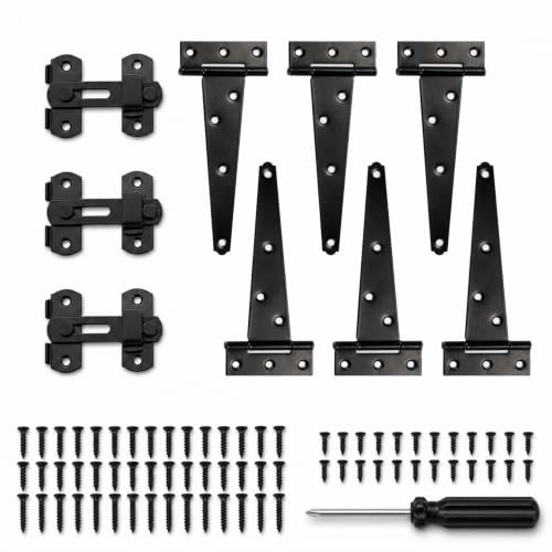 ywchoshe 6 Charnières en T et 3 Loquets Noirs pour Portes + Vis | Charnières en T et loquets noirs 180°, avec vis/tournevis, parfaits pour portes en bois, portails et fenêtres.
