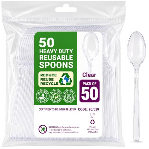 Clear Reusable Plastic Table Spoons, Dishwasher Safe, Pack of 50, BPA Free | Food Safe, Heavy Duty, Durable, Comfortable Grip, Ideal For Everyday Dining, Home, Office, Parties & Picnics