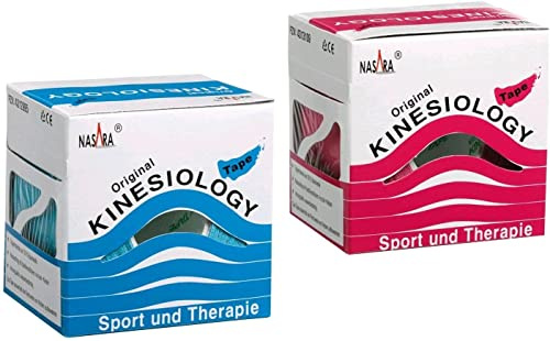 Nasara Original Kinesiologie Tape, 5cm x 5m, 2 Rollen 1x türkis, 1x pink