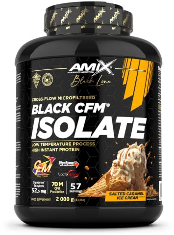 Amix | Proteína BLACK CFM ISOLATE - Ayuda a Mantener la Masa Muscular - Con Enzimas Digestivas - Fácil Digestión - Rápida Absorción - Proteína en Polvo - 2 Kg - Sabor Caramelo-salado