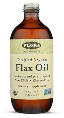 Flora Certified Organic Flax Seed Oil - Cold Pressed & Unrefined - Non-GMO, Gluten-Free, Kosher Omega Flax Oil Blend - Essential Fatty Acids for Wellness - Amber Glass Bottle - 17 oz