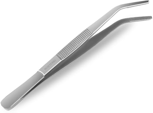 Premium Küchenpinzette gebogene Gourmet Kochpinzette Kochzange 14 cm | Edelstahl Pinzette zum Anrichten Dekorieren und Zubereiten Geriffelte Spitze zum präzisen Fassen von kleinsten Zutaten