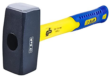 S&R Mazzetta da Muratore Peso Testina 1500 G – Acciaio Forgiato C50. Manico in Fibra di Vetro con Rivestimento PVC Antivibrazione