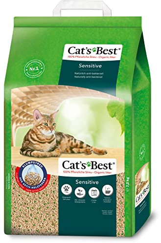 Cat's Best Sensitive, 100 % pflanzliche Katzenstreu, fest klumpend und antibakteriell aus veredelten Aktiv-Holzfasern – speziell für empfindliche Katzen, 7,2 kg/20 l