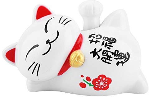 FTVOGUE Solarbetriebene Maneki Neko Glückskatze, Glücksbringer, winkender Arm, Faule liegende Katze, Reichtum, Glückskatze Feng Shui, Dekoration für Zuhause, Geschäft, Weiß (01)