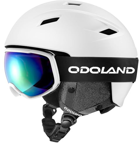 Odoland Ski Helmet and Goggles Set for Adults & Youth, Snowboard Helmet with Goggles - Shockproof Winter Sports Helmet with Protective Shell for Men, Women & Teens, White, S