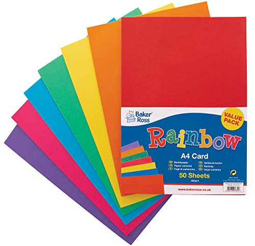 Baker Ross AV535 A4 Rainbow Coloured Card - Pack of 50 Sheets, 220gsm, Assorted Colours, Card Making, Scrapbooking, Craft Supplies