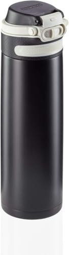 Leifheit Thermobecher Flip 600ml, Kaffeebecher 100% dicht, praktisches Öffnen mit einer Hand, Trinkbecher to go mit Filter für Wasser mit Obststücken, hält Getränke bis zu 6 Stunden heiß, black