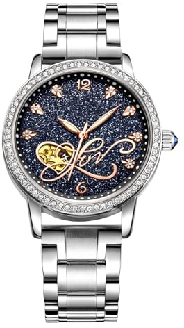 RORIOS Montre Mécanique Automatique Femme Lumineuses Montre Brillant Ciel étoilé Dial Acier Inoxydable Cadran en Diamant Simulé Bracelet Dames Montres
