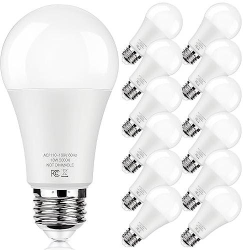 LED Light Bulbs 100W Equivalent 1500 Lumens, A19 13W 5000K Daylight White Non-Dimmable, Super Bright No Flicker Standard E26 Edison Screw Bulbs for Home, Bedroom, Office Lamp, 12-Pack