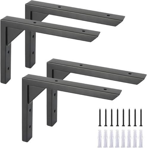 Ouvin Heavy Duty Shelf Brackets 10 inch 4 Pack Black L Brackets for Shelves | Wall Mount, Iron, with Screws, Triangle Supports, Sturdy, for Kitchen Bookshelf Living Room Garage Bedroom Bathroom