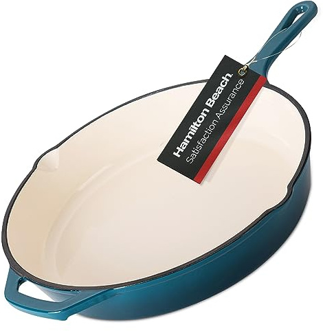 Hamilton Beach Enameled Cast Iron Fry Pan 12-Inch Navy, Cream Enamel Coating, Skillet Pan For Stove top and Oven, Even Heat Distribution, Durable