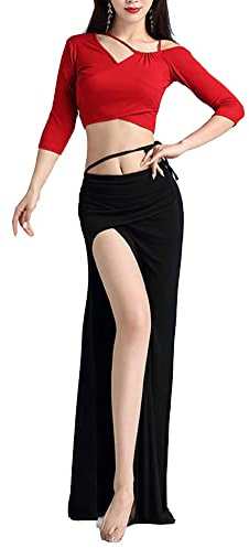 GUOCU Damen Professional Tanzkleid Bühnenkostüm Modern Walzer Tango Ballsaal Bauchtanz Übungskleidung Tanztrainingskleidung Cut-Out-Tops und Slit Maxirock Bauchtanz Kleidung Rot Schwarz L