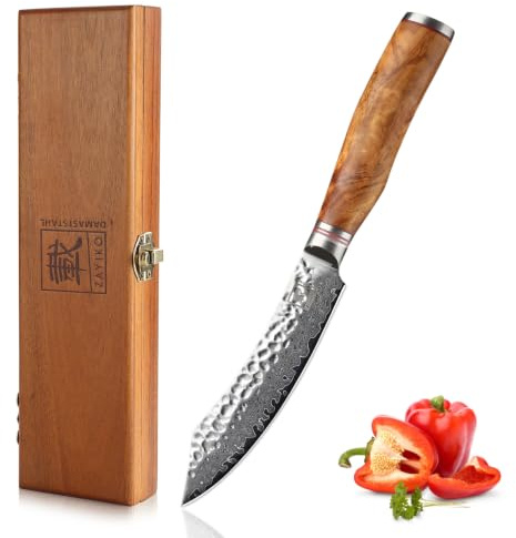zayiko Minami Steakmesser 12 cm, Damaststahl mit VG10-Kern, Olivenholzgriff | 67 Lagen, 60 ± 2 HRC, beidseitiger 15°-V-Schliff und Hammerschlag für saubere Schnitte bei Steaks und Fleisch, inkl. Holzbox