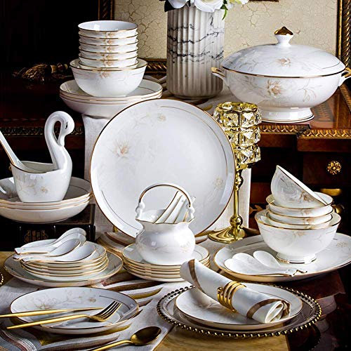 Platos Llanos, Vajillas Resistentes, Vajillas de Lujo, Vajillas Completas, Combinación de Porcelana de Palacio de Estilo Europeo, Platos y tazones de cerámica, Apto para microondas, Gran reg