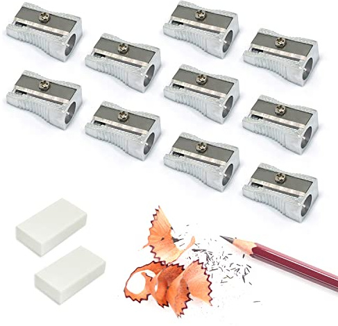 10 temperamatite a foro singolo in lega di alluminio con 2 gomme da cancellare, temperamatite semplice portatile, materiale scolastico per studenti, per studiare, dipingere, matite, pastelli, matite