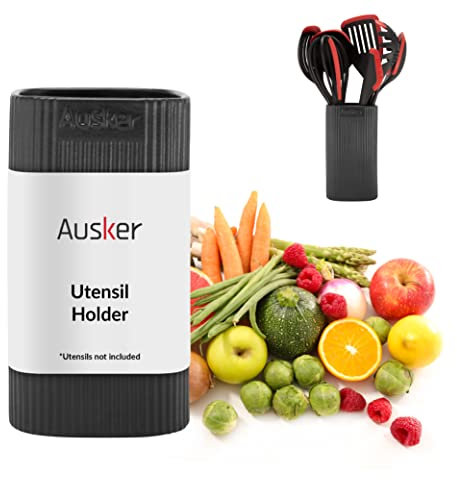 Ausker - Porta utensili da cucina, ceramica di qualità, contiene utensili da cucina in silicone, moderno, comodo, resistente alle macchie, facile da pulire (grigio antracite)