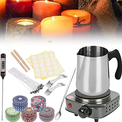 Whemyreat Crisol Para Fundir Cera,Fusor Eléctrico De Cera Para Velas,Juego Para Hacer Velas,Que Incluye Crisol,Placa Caliente Para Derretir Cera,Batidor Cuadrado,Pegatinas De Mecha,Mechas Para Velas