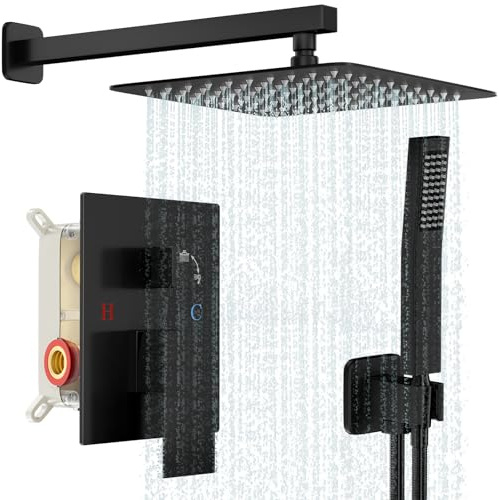 Baetuy Black Shower System, Shower Faucet Set Bathroom Square Rain Shower Head and Handle Set, Wall Mounted Shower Fixtures With Shower Valve and Trim Kit 10 inch Matte Black