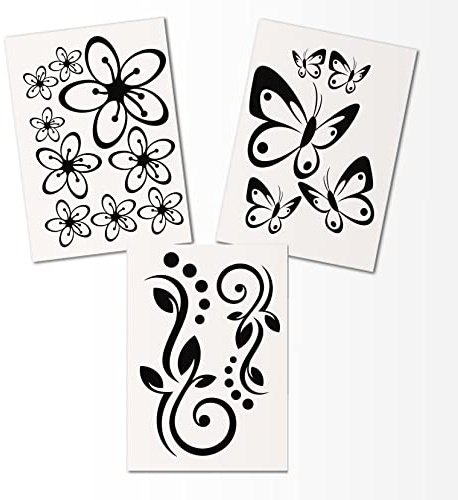 Hibiskus Schmetterling Blüten Ornament SET I - schwarz - 40x30cm - Wall Sticker Wandtattoo Wandaufkleber - Dekoration, Küche, Wohnzimmer, Schlafzimmer, Badezimmer
