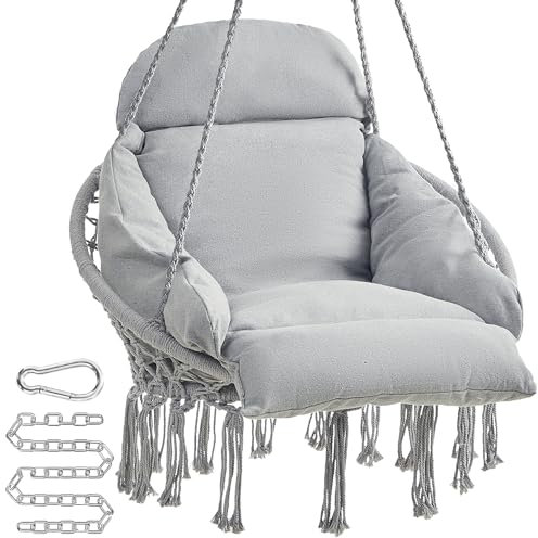 SONGMICS Silla colgante, silla hamaca con cojín grande y grueso, silla bohemia para dormitorio, patio, balcón, jardín, sala de estar, soporta hasta 260 libras, gris UGDC042G11
