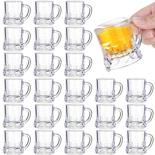 Breroa 24 Pieces Mini Plastic Beer Mugs 2 Ounce Mini Beer Mug Shot Glasses with Handles Reusable Clear Beverage Stein Tasting Glasses for Festival Party Barbecue Wedding Supplies