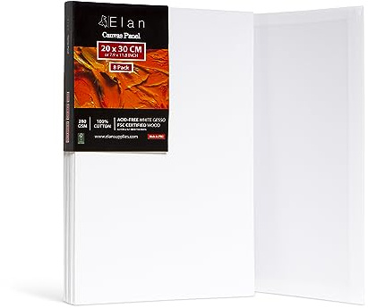 Elan Malkarton 20x30 8er Set, 3mm Leinwand zum Bemalen 280g/m² | 3mm Dickes Malpappe Bespannt mit 280g/m² Baumwolle, Säurefrei, Dreifach Grundiert, Leicht und Perfect für Anfänger