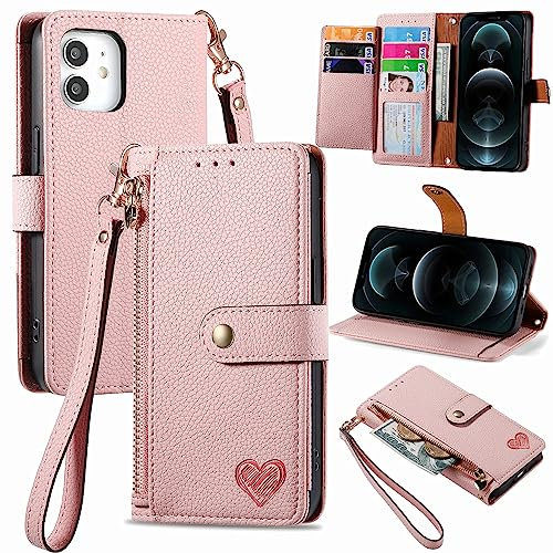 VEEMOS Handyhülle für Apple iPhone 12 / iPhone 12 Pro Hülle Klappbar Klapphülle Schutzhülle mit Kartenfach RFID Reißverschluss Handy Tasche Leder Flip Case Cover Handytasche Frauen - Rosa