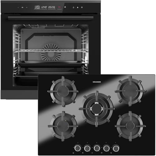 Oranier Einbau-Backofen Set Pyrolyse EBP820 autark - 14 Funktionen inkl. 75 cm Gas-Glaskeramik-Kochfeld GKH740-5 Kochstellen mit Design Bedienknebel
