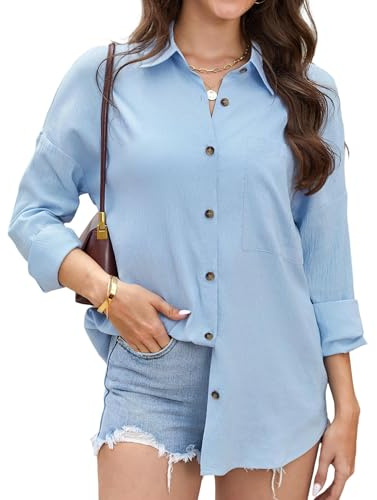 Stamain Blus, damskjorta, blus, långärmad skjorta, sommar, lediga blusar, långärmad skjorta, bomull, enfärgad topp, elegant, långblus, muslin med ficka S–2XL, Ljusblå (oversized, välj en storlek