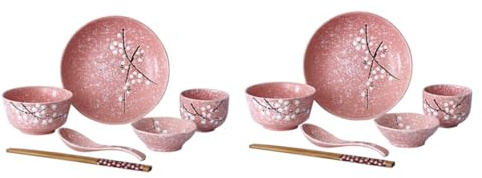 Hoement Set Posate in Ceramica Giapponese 12 Pezzi Rosa Per Casa e Ristoranti Ciotole, Piatti, Cucchiai, Bacchette e Tazze