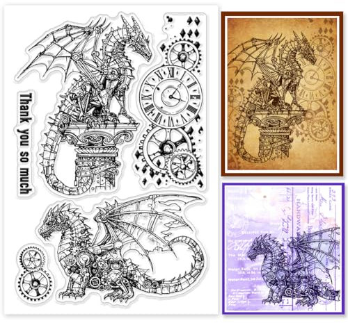 GLOBLELAND Mechanischer Drache Klare Stempel Steampunk Drache Klare Stempel Zahnrad Uhr Hintergrund Silikonstempel Für DIY Scrapbooking Fotoalbum Dekorative Karten 6.3x4.33(5) cm