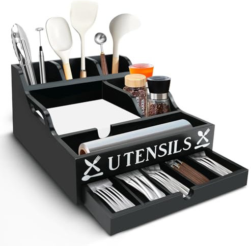 Chostky Portautensili da cucina, porta utensili in legno, organizer per spatole, piano di lavoro, per forchette, cucchiai, coltelli, utensili da cucina, stoccaggio con 11 scomparti (nero)