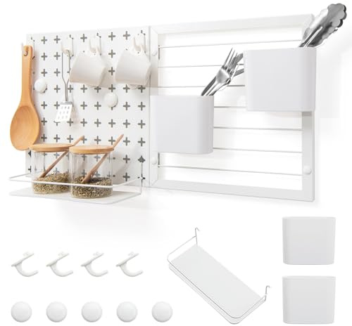 GIANTEX Panneau perforé en métal 61 x 30,5 cm avec 2 bacs de rangement, 1 support de rangement, 5 aimants et 4 crochets, panneau perforé à suspendre jusqu'à 30 kg, plaque perforée pour garage et