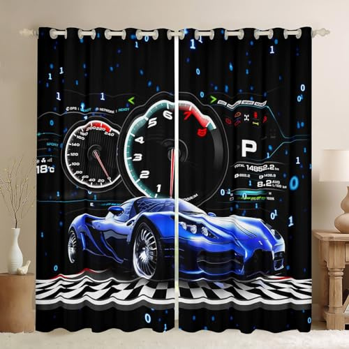 Homemissing Race Auto Fenstervorhang 175x140cm Blau Race Sports Auto Blickdichte Vorhänge für Jungen Mädchen Racing Auto Vorhänge Speed Sports Auto Gardinen Dekorative
