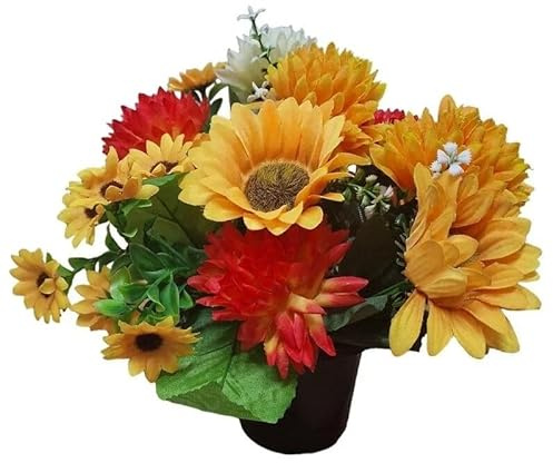 INERRA Cemetery Grave Flower Pot - Artificial Flowers with Sunflowers and Chrysanthemums