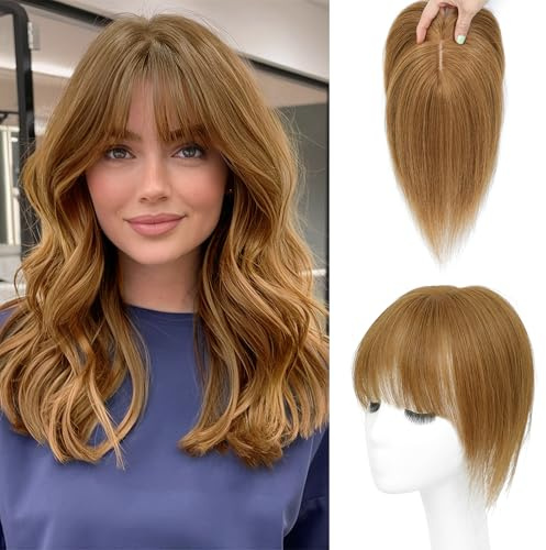 BUPPLER Haar Topper für Frauen Echthaar-U Form Toppers Haarteile für Frauen mit dünner werdenden Haaren 150% Dichte Seidenbasis Clip in Human Topper mit Pony für den täglichen Gebrauch(Hellbraun)