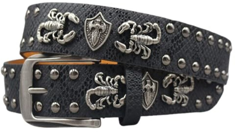 ZNEL Cintura con Borchie E Scorpione 3D Inciso Punk Unisex Stampa con Motivo a Coccodrillo Accessorio per Stili di Moda Audaci E Versatili(115cm/45, Black)