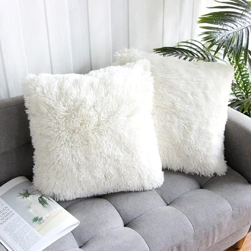 ROZTYLJ Faux Fur Cushion Covers for Livingroom Sofa Bedroom Soft Decorative Square Cute Fluffy Throw Pillow Case 18 x 18 Inch 45x45cm White Pack of 2