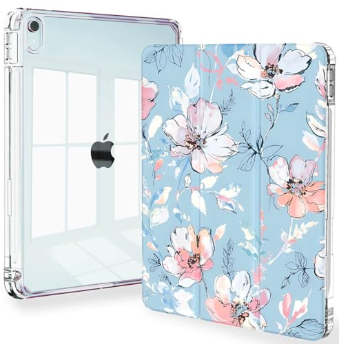 Feams Custodia sottile per iPad Air 11 M3 2025 / M2 2024, iPad Air 5a generazione 2022 / iPad Air 4a generazione 2020 10,9 pollici, custodia trasparente con portapenne e spegnimento automatico, fiore