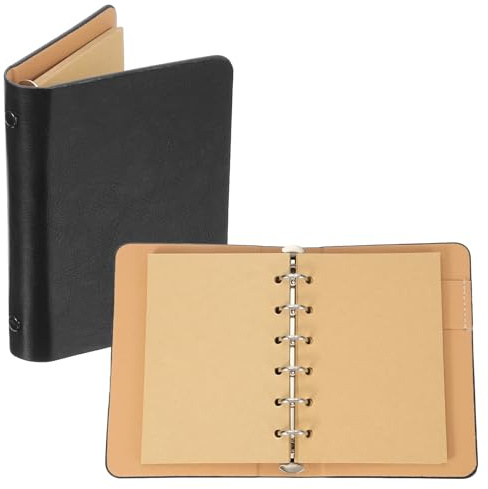 PATIKIL 6 Ring Ordnerhülle A7 Kraftleder Notizbuch Ordner Schwarz | 1 Pack, Mini Nachfüllbar Loseblatt Persönlicher Planer, Mit 50 Blatt Papier