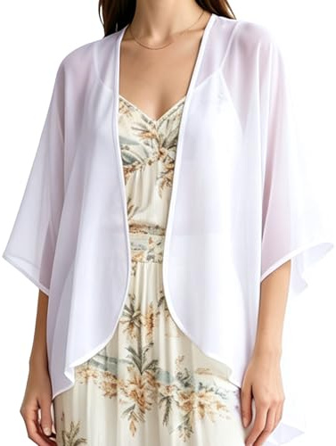Risipu Women's Loose Print Sheer Chiffon Kimono Beach Swim Cover up Cardigan Capes Blouse Tops (White, M)