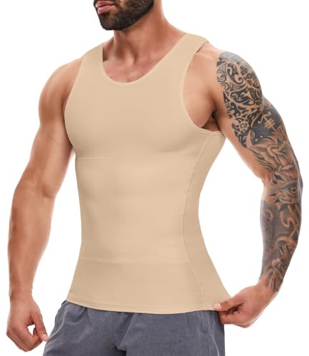 SLIMBELLE Shapewear Herr kompressionströja elastisk ärmlös kroppsformare snäva undertröjor linne midjeformare figurformande magkontroll undertröja, Beige, L