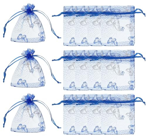 PATIKIL 100 Pz Sacchetti Di Organza 7 X 9 Cm Bustine Blu Zaffiro Argento | Bustine Regalo Gioielli, Con Cordino Farfalle, Per Matrimonio, Per Caramelle, Per Trucco, Di Rete
